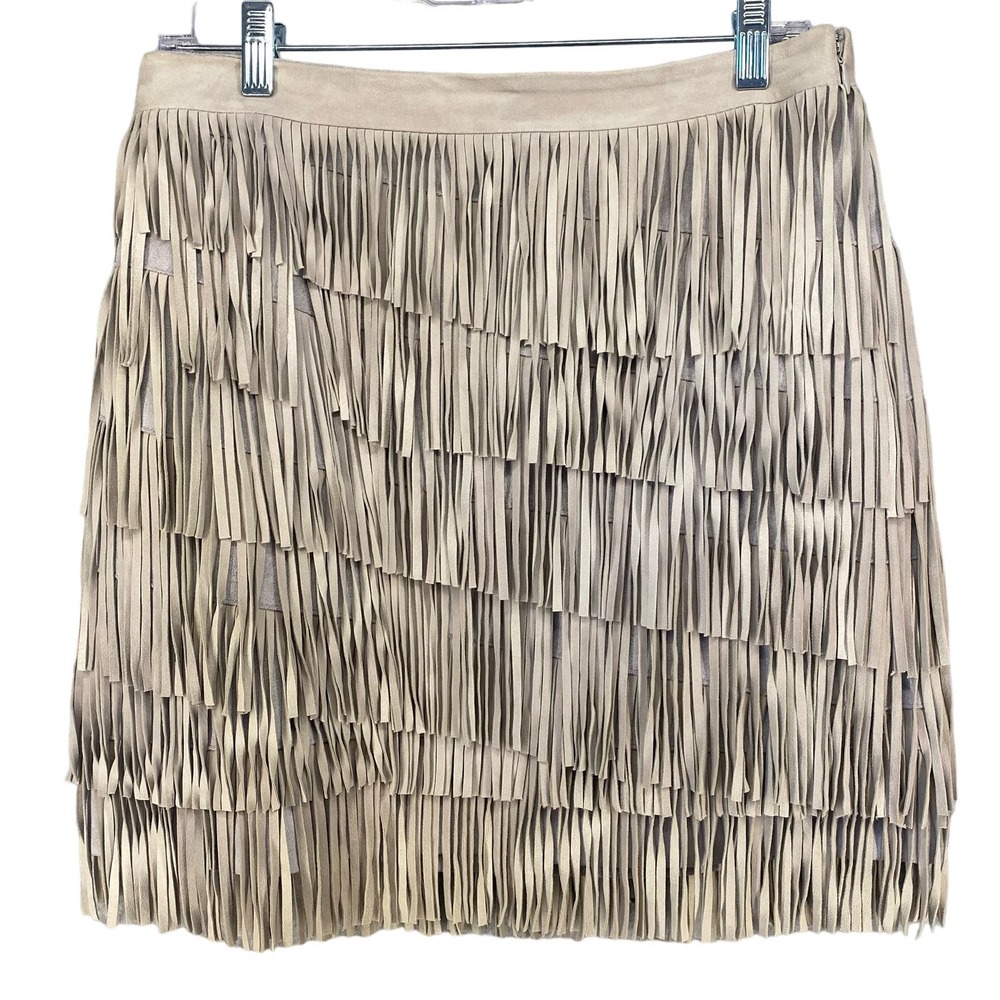 Leather Suede Gray Fringe Mini Skirt White House Black Market Festival Boho 6